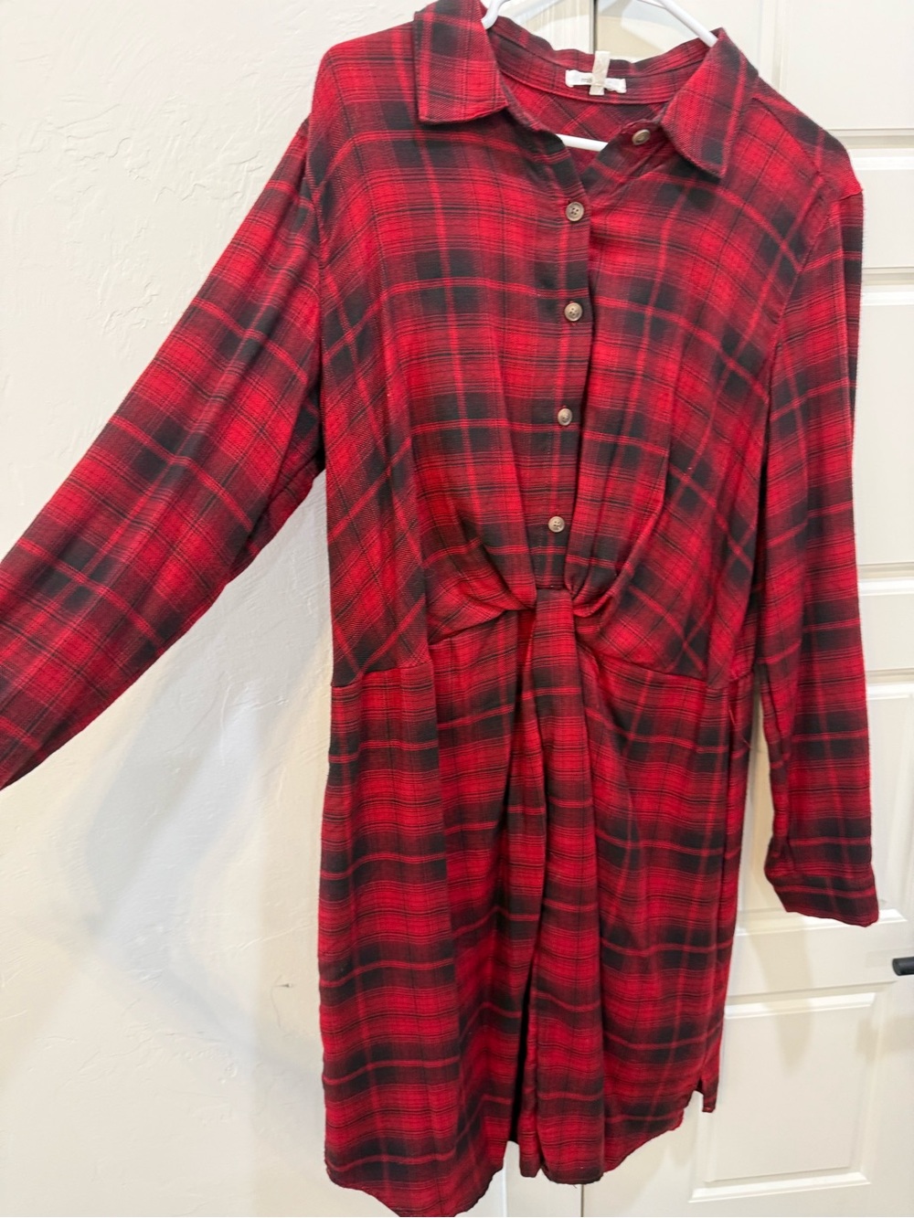 Maurices Red & Black Plaid Long-Sleeve Twist-Front Dress